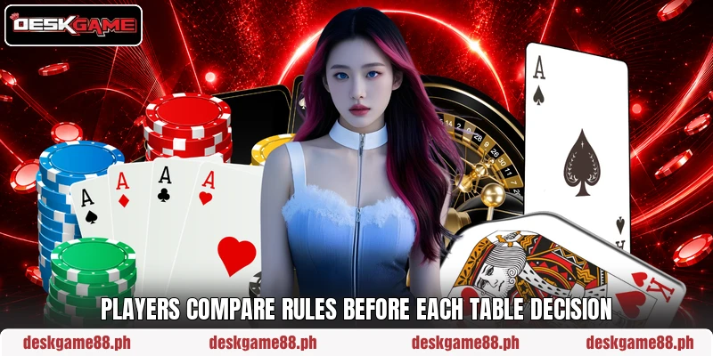 Players compare rules before each table decision Players compare rules before each table decision