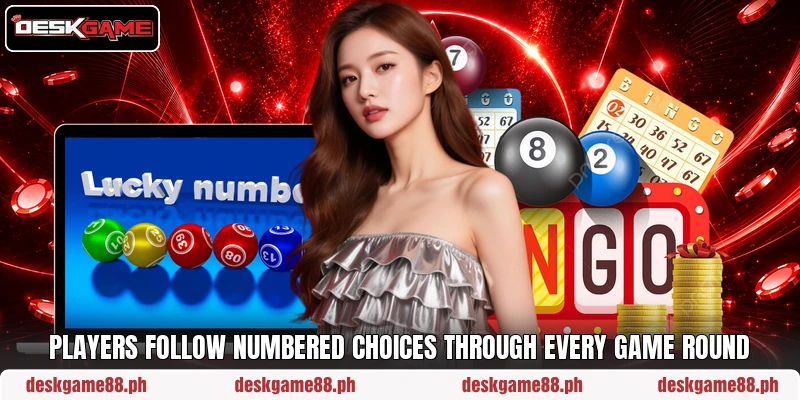 Players follow numbered choices through every game round Players follow numbered choices through every game round